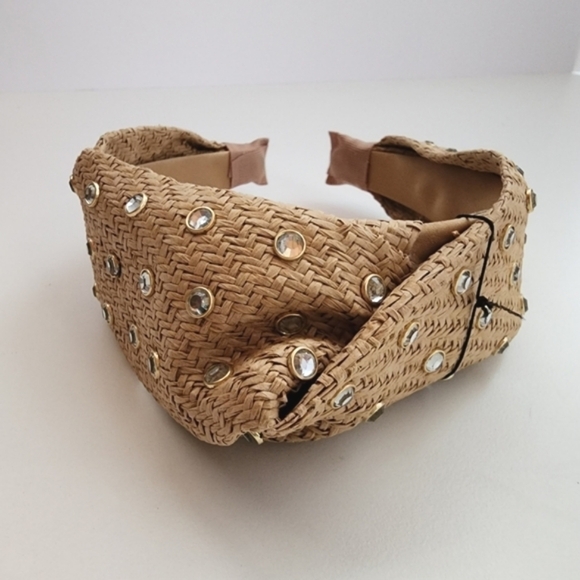 NWT Beige Cream Boho Stone Embellished Straw Twisted Headband - Picture 8 of 10